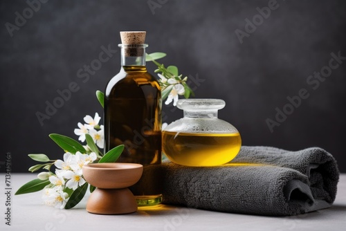  a bottle of olive oil next to a bottle of olive oil and a bowl of olive oil on a towel.