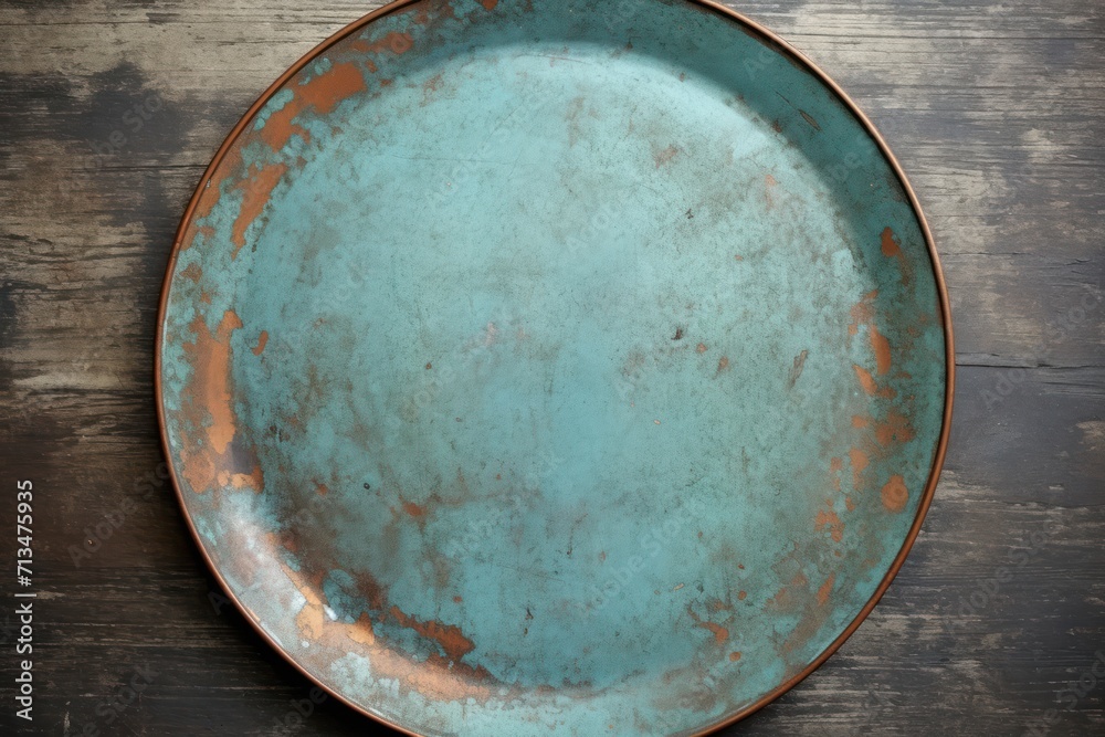  a rusted metal plate sitting on top of a wooden table next to a knife and fork on a wooden table.