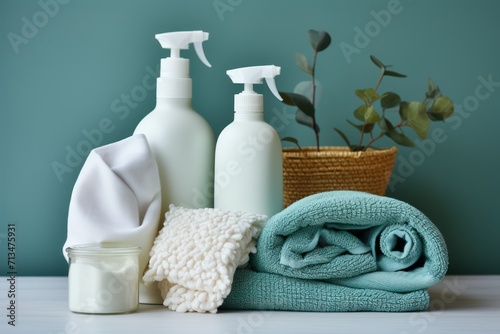  a pile of towels, bottles, and a potted plant sitting next to each other on top of a table.