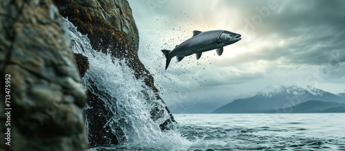 A pair of silver salmon leap from the waters of Resurrection Bay in Seward Alaska. Copy space image. Place for adding text or design photo
