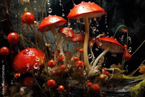  a group of red mushrooms sitting on top of a lush green forest covered in drops of water next to a forest floor.