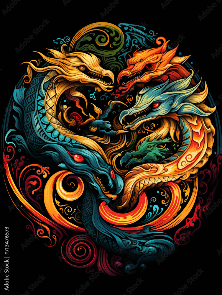 T-shirt design, an intricate Celtic knot pattern, formed by a trio of stylized dragons created with Generative Ai