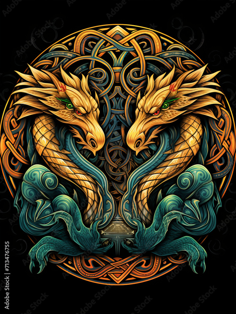 T-shirt design, an intricate Celtic knot pattern, formed by a trio of stylized dragons created with Generative Ai T-shirt design, an intricate Celtic knot pattern, formed by a trio of stylized dragons created with Generative Ai