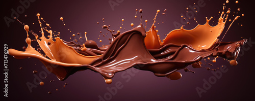 splash of chocolate or cocoa on brown background. Horizontal banner