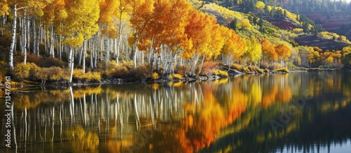 An aspen tree forest in full color is reflected in the calm water of Kolob Reservoir adjacent to Zion National Park Uath. Copy space image. Place for adding text or design photo
