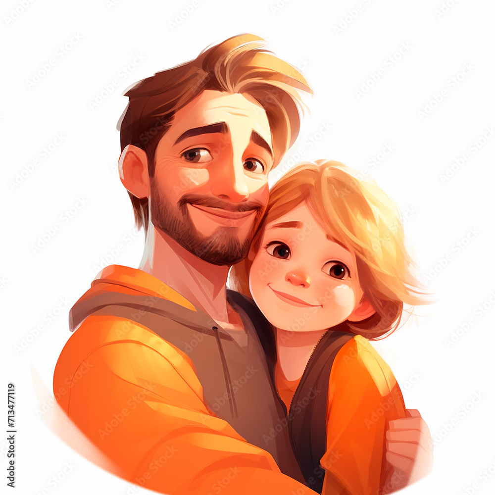 Cute cartoon Caucasian blond father and child