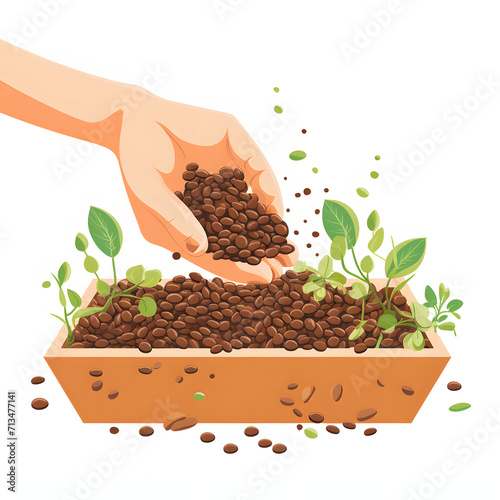 Close-up of hands sowing seeds in a community garden isolated on white background, flat design, png 