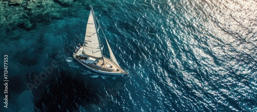 Aerial drone ultra wide panoramic photo with copy space of beautiful sail boat with white sails cruising deep blue sea near Mediterranean destination port. Copy space image