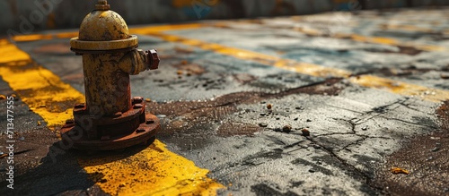a photography of a cracked parking lot with a fire hydrant parking lot with a crack in the concrete and a yellow line. Copy space image. Place for adding text or design