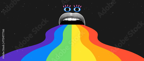 Women's lips with halftone effect in retro collage style. A rainbow emerges from the mouth in the form of a wavy ribbon.