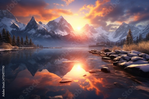  a painting of the sun setting over a mountain lake with rocks in the foreground and snow - capped mountains in the background.