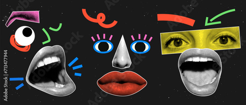 A set of punk style collage elements made from face parts. Eyes, nose, lips in halftone processing with doodle elements. Surreal retro collage.