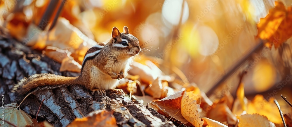 Adorable Eastern Chipmunk stands up and faces front in Autumn scene. Copy space image. Place for adding text or design Adorable Eastern Chipmunk stands up and faces front in Autumn scene. Copy space image. Place for adding text or design
