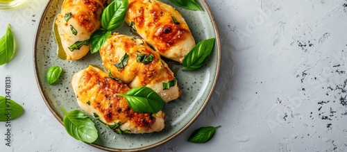 Baked chicken rolls with basil and cheese on plate Healthy lunch Keto diet Top view above. Copy space image. Place for adding text or design