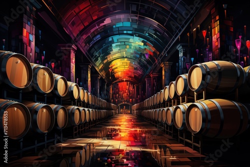  a painting of a row of wine barrels in a wine cellar with a colorful light at the end of the tunnel.