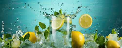 Lemon and mint leaves with splashes of water in a glass