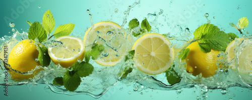 Fresh lemon and mint leaves with splash of water. Horizontal banner