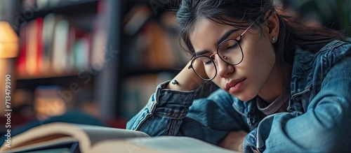 A student exhausted from the piled up of school homework and tedious study is learning by solving difficult problems with a tired look. Copy space image. Place for adding text or design photo