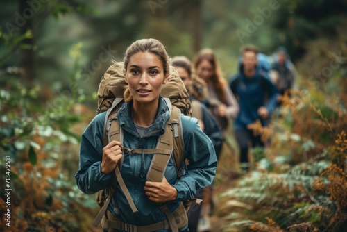 girls group hiking with backpacks in the mountains