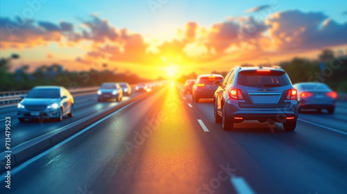 Busy highway with cars driving at sunset, commuting and travel concept