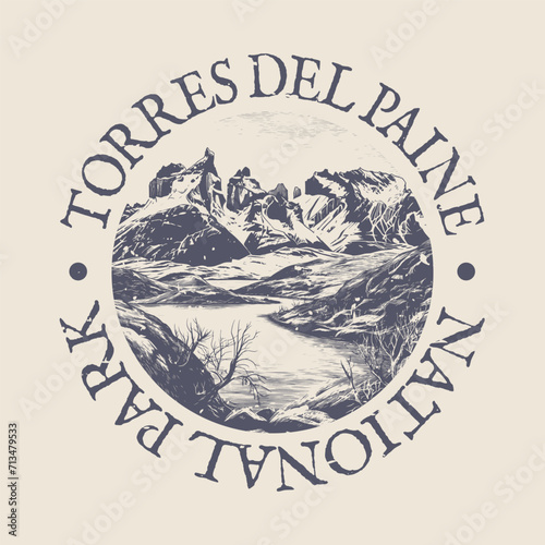 Torres del Paine, Chile Illustration Clip Art Design Shape. National Park Vintage Icon Vector Stamp.