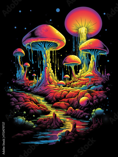 T-shirt design, a psychedelic, retro- futuristic landscape, featuring strange plants and towering mushrooms under a sky of swirling created with Generative Ai