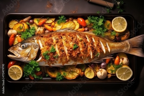  a fish sitting on top of a pan next to lemons and other food on top of a wooden table.