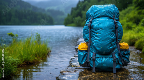 Solo blue backpack by a rainy lake with lush greenery in the background