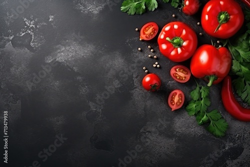  tomatoes, parsley and pepper on a black stone background with space for a text or image top view with copy space.