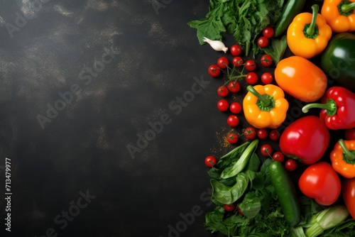  a bunch of different types of vegetables on a black background with a place for a text or an image to put on it.
