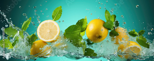 Fresh lemon and mint leaves with splash of water. Horizontal banner