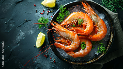Healthy food. Fresh shrimps with ice close-up on plate on dark background with copy space top view
