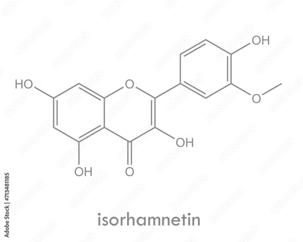 Isorhamnetin structure. Molecule of flavonol (flavonoid) found in pears, olive oil and wine. Isorhamnetin structure. Molecule of flavonol (flavonoid) found in pears, olive oil and wine.