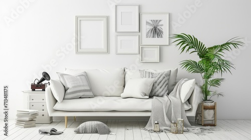 A minimalist living room Scandinavian style interior with a white sofa, white and gray colors