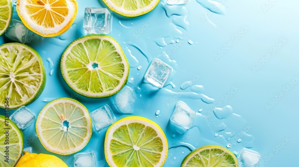 Lime wedges and mint in glasses with ice on a blue background. Lime wedges and mint in glasses with ice on a blue background.