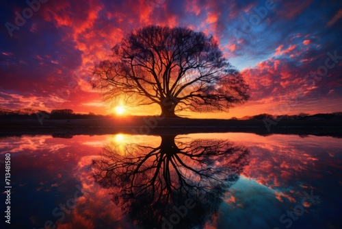  a tree in the middle of a lake with the sun setting in the background and clouds reflecting in the water.