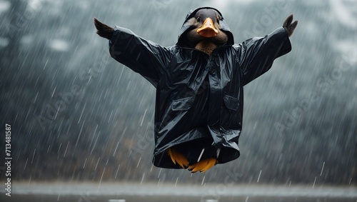 Duck wearing black raincoat playing in the rain happy with excitement. wallpaper background ads or gift wrap and web design and banners cards generated ai photo