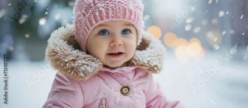 Adorable little baby girl making first steps outdoors in winter Cute toddler learning walking Child having fun on cold snow day Wearing warm baby pink clothes and hat with bobbles. Copy space image