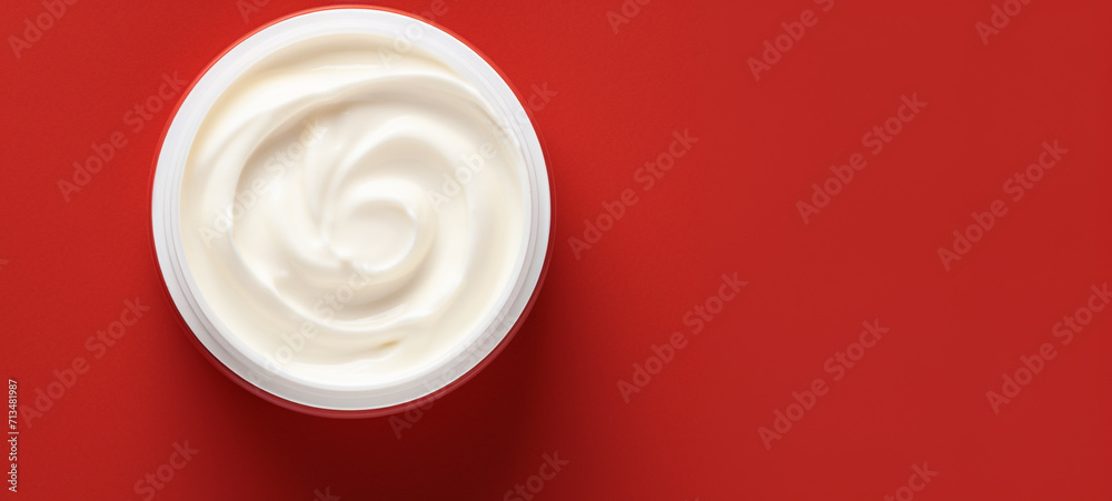 Banner in red color with body care cream, generative AI Banner in red color with body care cream, generative AI