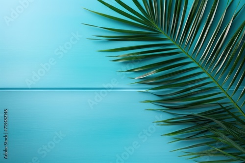  a close up of a palm leaf on a blue background with a blurry image of a body of water in the background.