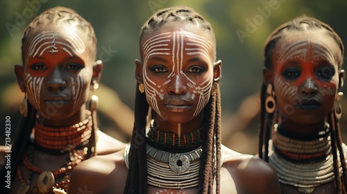 Portrait of beautiful young colorful African women in traditional tribal coloring