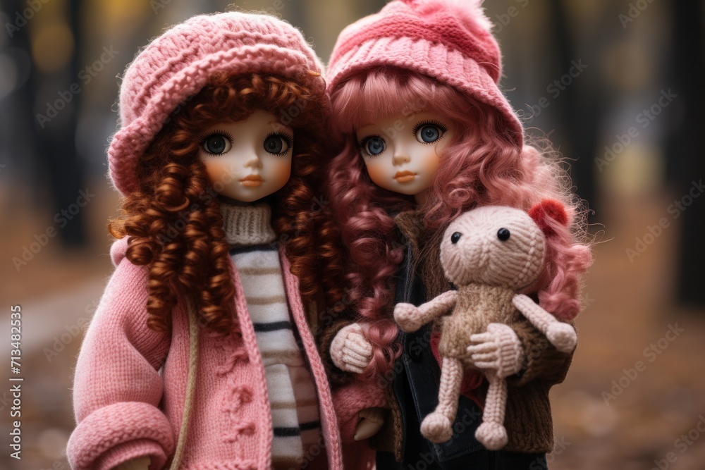 two dolls standing next to each other holding a teddy bear and a teddy bear wearing a pink knitted hat. two dolls standing next to each other holding a teddy bear and a teddy bear wearing a pink knitted hat.