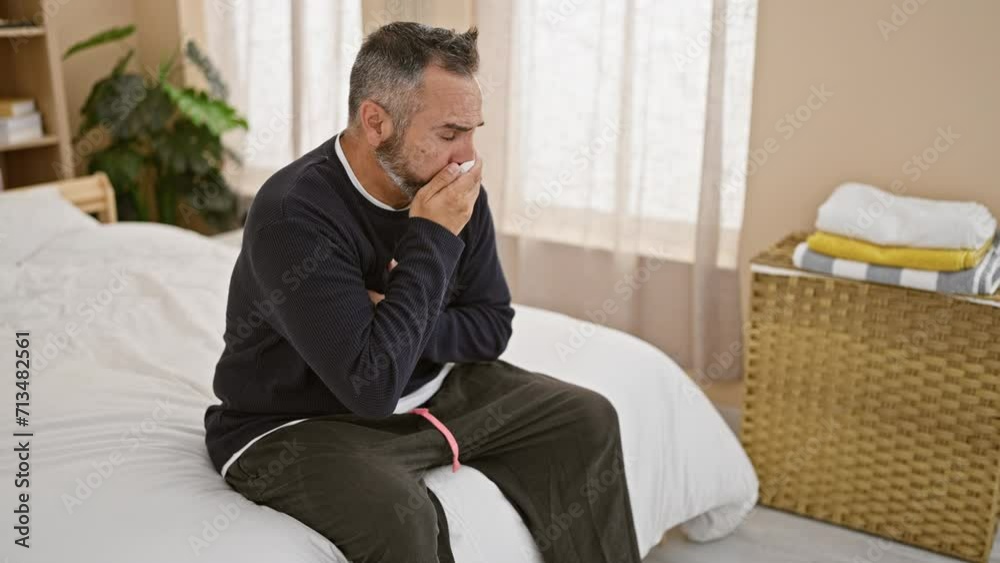 Mature hispanic man with grey beard feeling unwell in a bedroom, showing symptoms of illness or sadness. Mature hispanic man with grey beard feeling unwell in a bedroom, showing symptoms of illness or sadness.