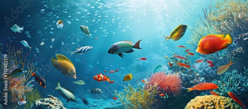 Beneath the ocean s depths lies a plethora of fish each with varying colors sizes and species weaving a vibrant tapestry of marine existence. Copy space image. Place for adding text or design