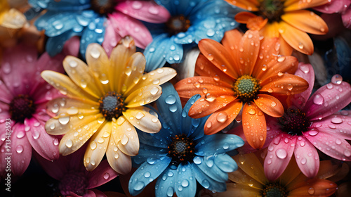 vibrant flowers on a background with water drops on petals photo
