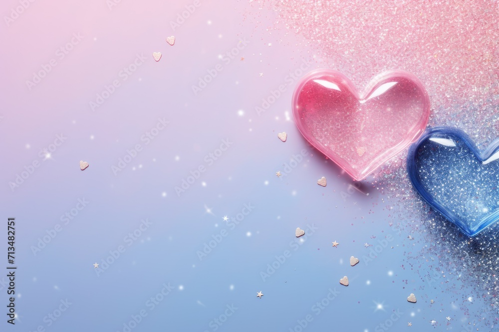 Blue background with hearts and glitter. wallpaper. valentine's day greeting card Love. pink and blue heart, feelings,. Space for text
