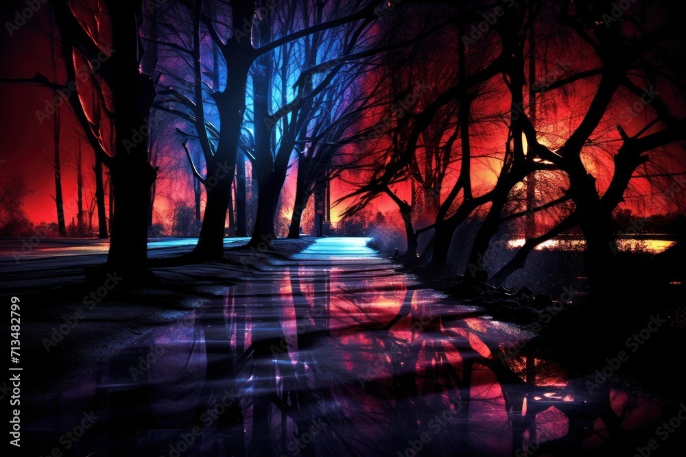  a painting of a dark forest with red and blue lights on the trees and the water reflecting off of the ground.