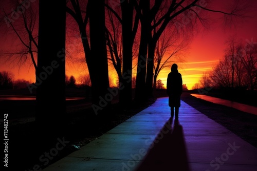  a person standing on a sidewalk in front of a red and blue sky with a long shadow of a person standing in front of a row of trees.