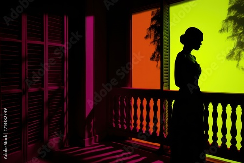  a silhouette of a woman standing in front of a window in a room with shutters and a green screen behind her.