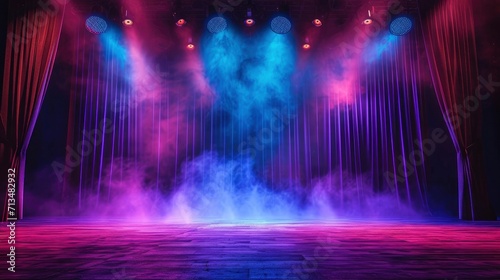 big stage with stage lights, realistic, and curtain, colourful fog © MdKamrul